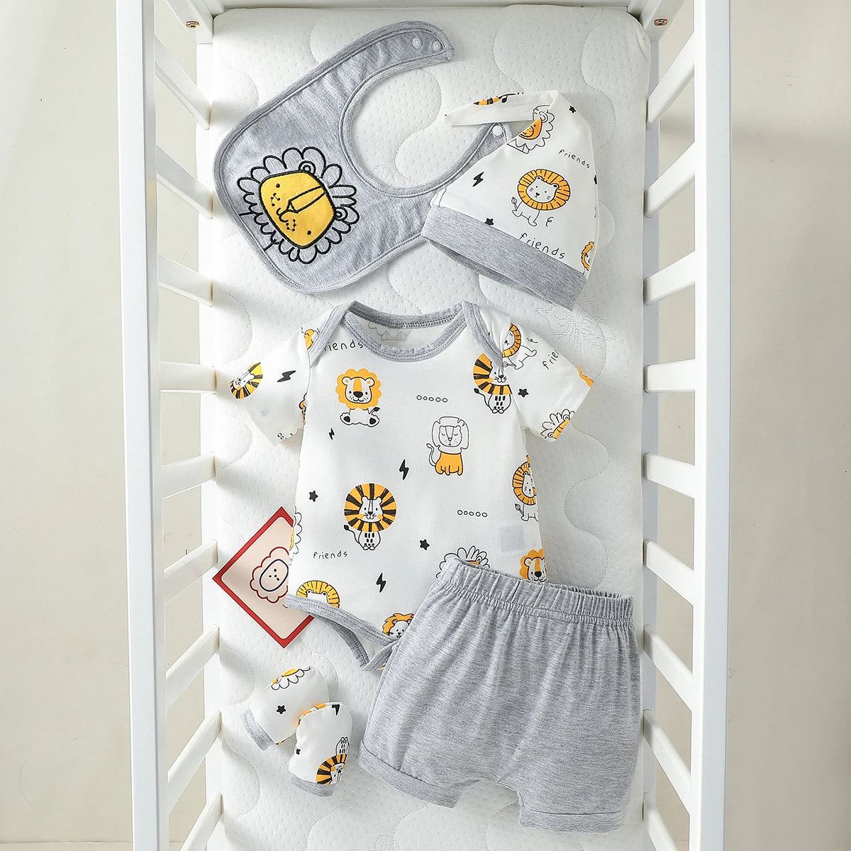 PureBabe 4-Piece Baby Boy Summer Set | Lion Print Short-Sleeve Outfit + Hat + Bib (0-12M, Breathable Cotton Blend, Sun Protection)