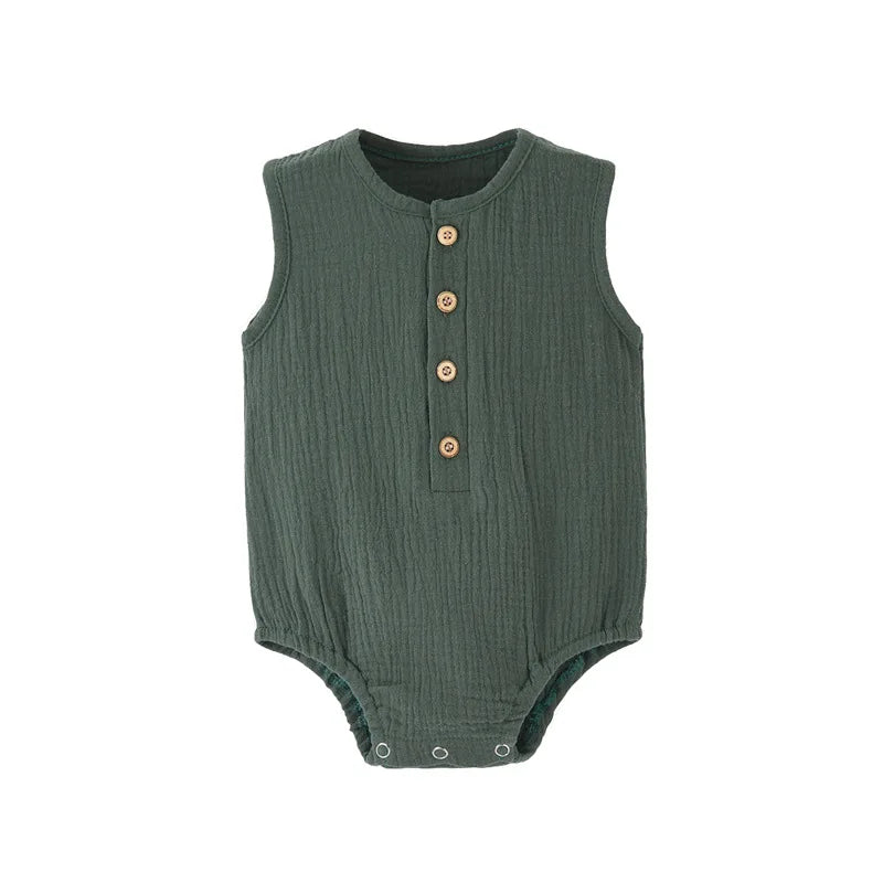 PureBabe Organic Cotton & Linen Baby Rompers | 0-2Y Breathable Summer Outfit with Covered Buttons (Hypoallergenic, UV Protection)