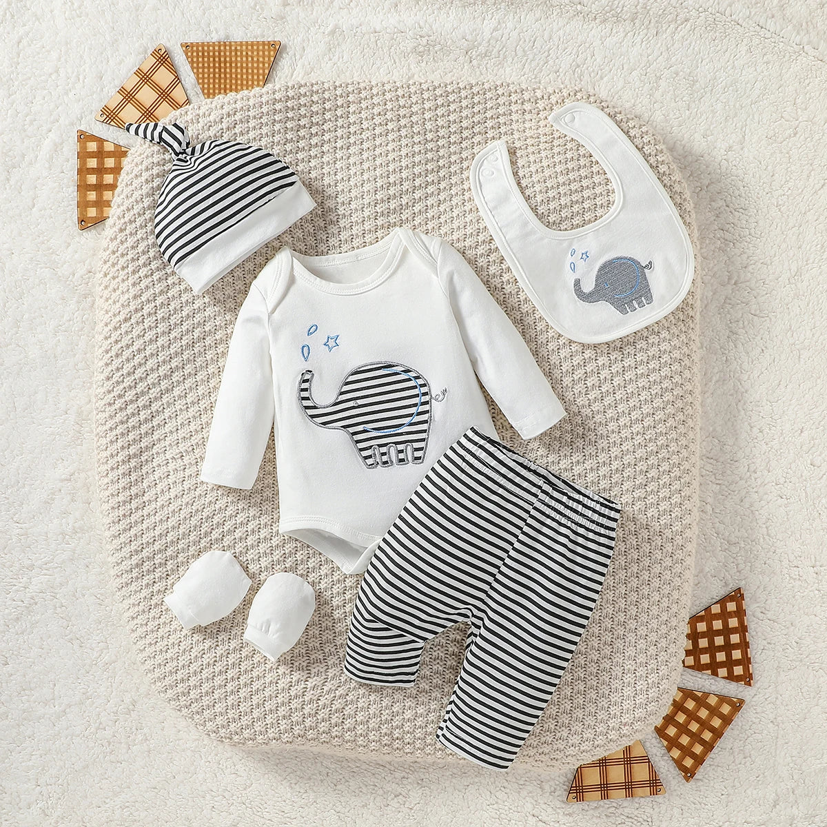 PureBabe | Organic Cotton Jumpsuit + Striped Pants + Hat & Mittens (0-12M, 95% Cotton 5% Spandex)