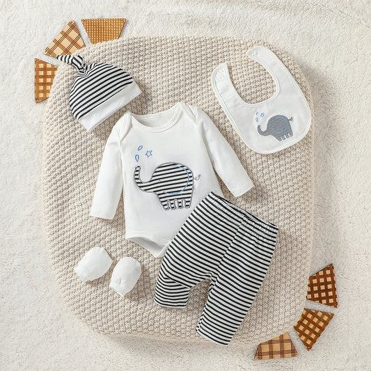 PureBabe | Organic Cotton Jumpsuit + Striped Pants + Hat & Mittens (0-12M, 95% Cotton 5% Spandex)
