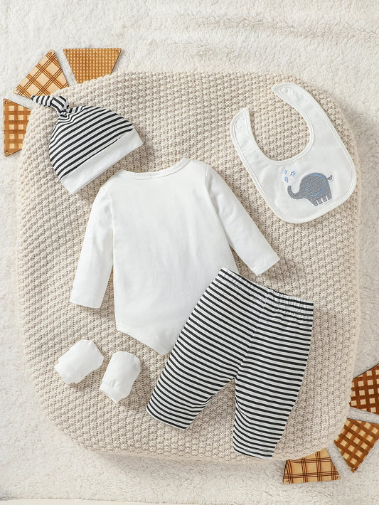 PureBabe | Organic Cotton Jumpsuit + Striped Pants + Hat & Mittens (0-12M, 95% Cotton 5% Spandex)