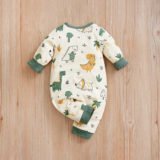 PureBabe Organic Cotton Dinosaur Bodysuit | 0-12M Unisex Long-Sleeve Romper (All-Season, Snap Closure)