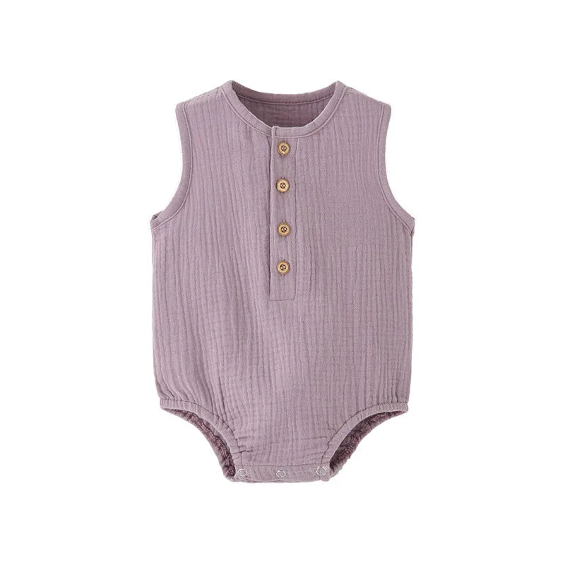 PureBabe Organic Cotton & Linen Baby Rompers | 0-2Y Breathable Summer Outfit with Covered Buttons (Hypoallergenic, UV Protection)