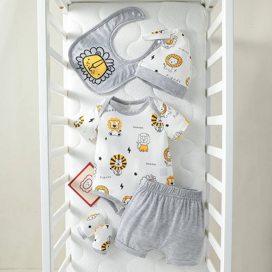 PureBabe 4-Piece Baby Boy Summer Set | Lion Print Short-Sleeve Outfit + Hat + Bib (0-12M, Breathable Cotton Blend, Sun Protection)