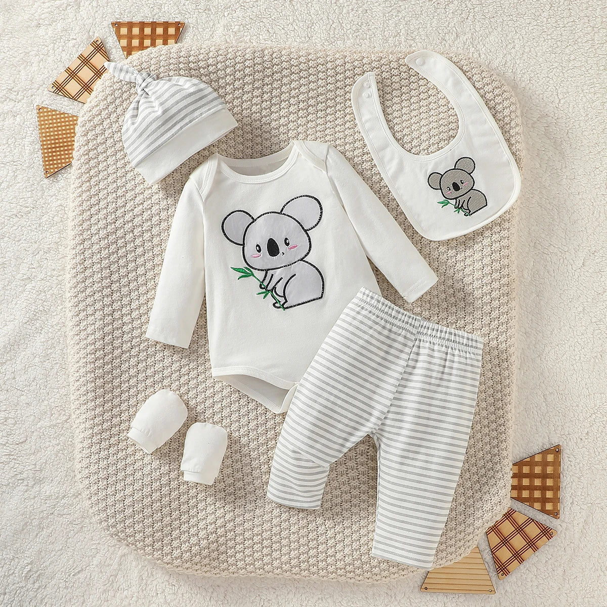 PureBabe | Organic Cotton Jumpsuit + Striped Pants + Hat & Mittens (0-12M, 95% Cotton 5% Spandex)