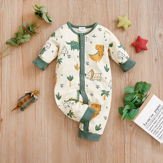 PureBabe Organic Cotton Dinosaur Bodysuit | 0-12M Unisex Long-Sleeve Romper (All-Season, Snap Closure)