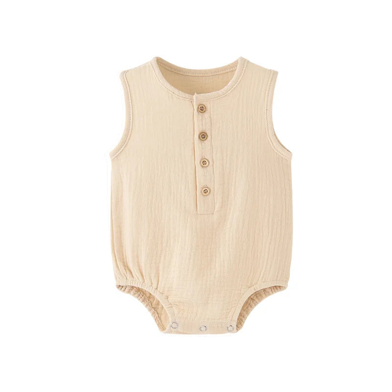 PureBabe Organic Cotton & Linen Baby Rompers | 0-2Y Breathable Summer Outfit with Covered Buttons (Hypoallergenic, UV Protection)