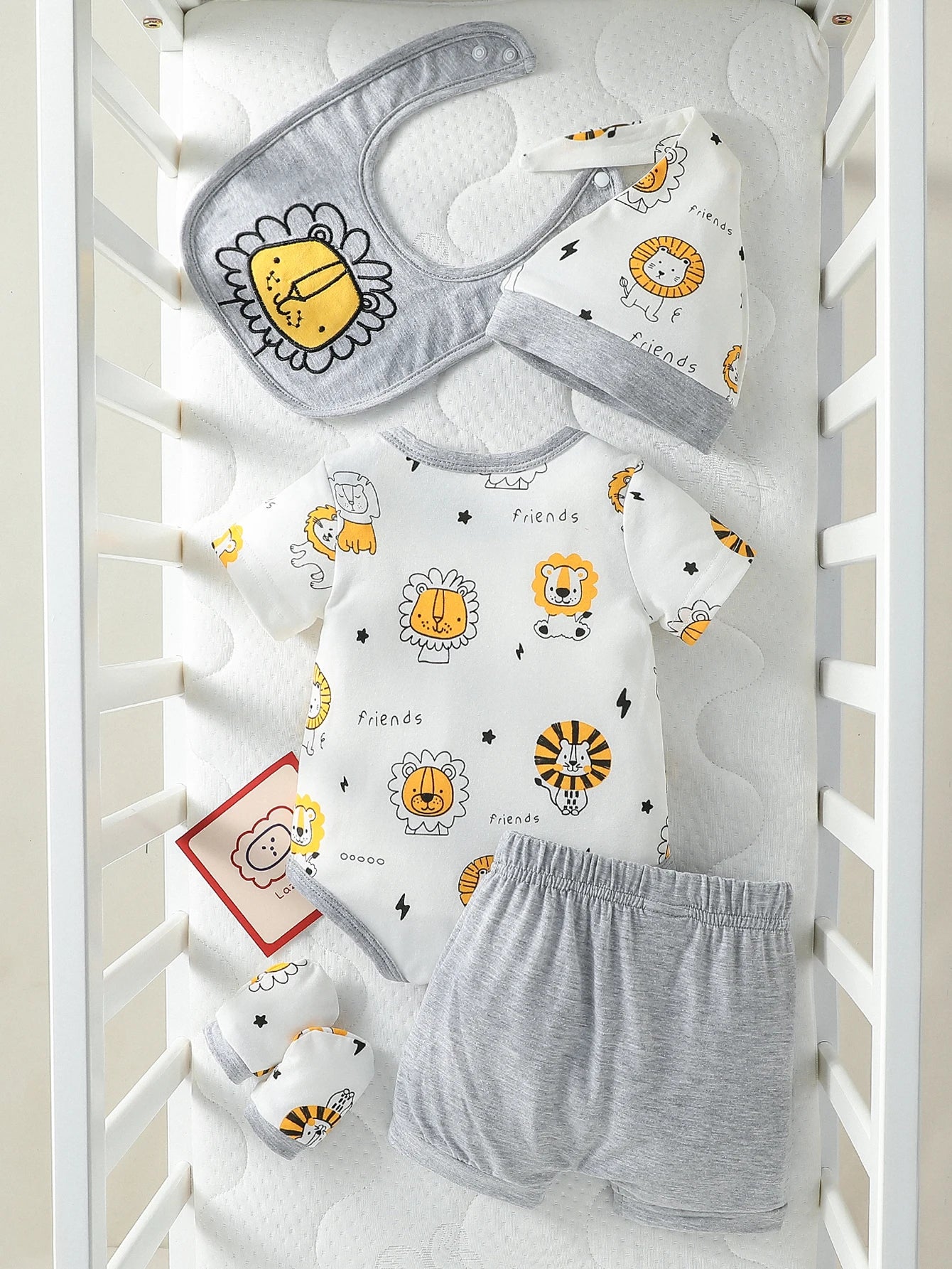 PureBabe 4-Piece Baby Boy Summer Set | Lion Print Short-Sleeve Outfit + Hat + Bib (0-12M, Breathable Cotton Blend, Sun Protection)