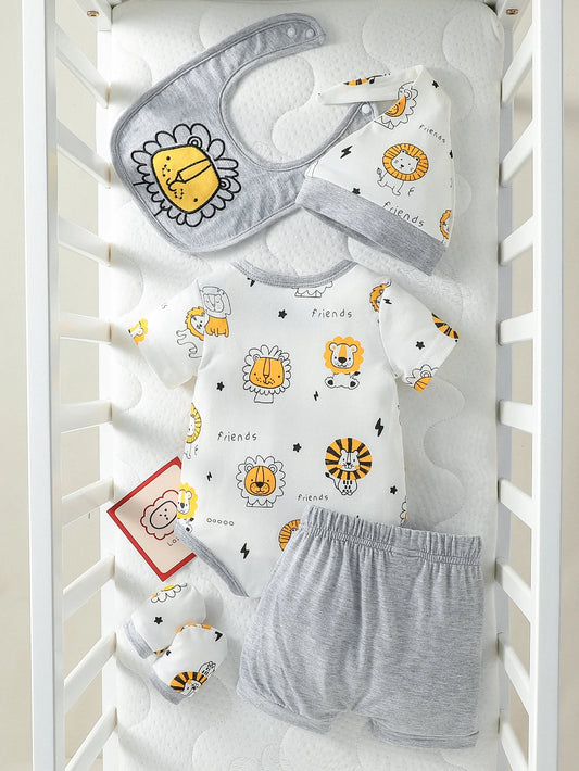 PureBabe 4-Piece Baby Boy Summer Set | Lion Print Short-Sleeve Outfit + Hat + Bib (0-12M, Breathable Cotton Blend, Sun Protection)