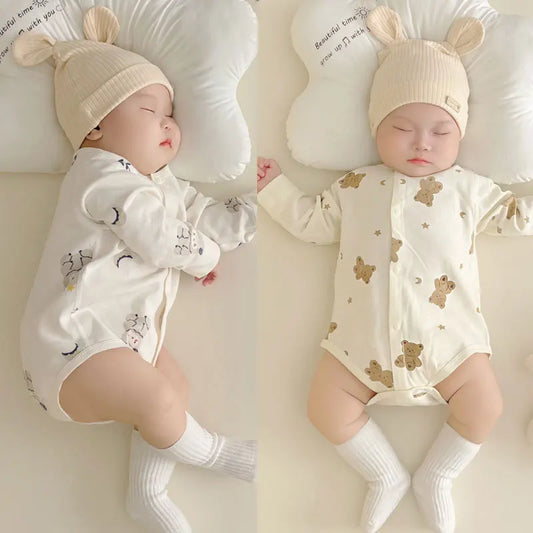 PureBabe Organic Cotton Baby Bodysuit | 0-12M Unisex Long-Sleeve Romper (Animal Print, Snap Closure, All-Season)